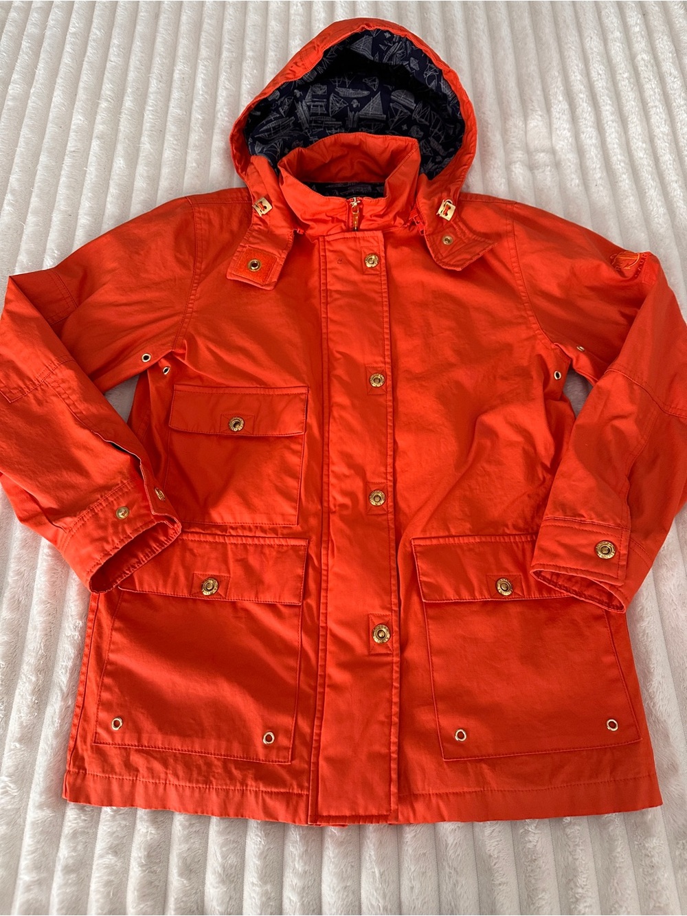 VINTAGE 90s Y2K Ralph Lauren Orange Marine Utility Hooded Rain Coat Gold Buttons - Picture 4 of 15